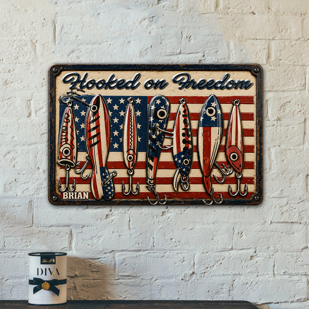 Patriotic Fishing Rod USA Flag - Personalized Fishing 3D Printed Cut Metal Sign