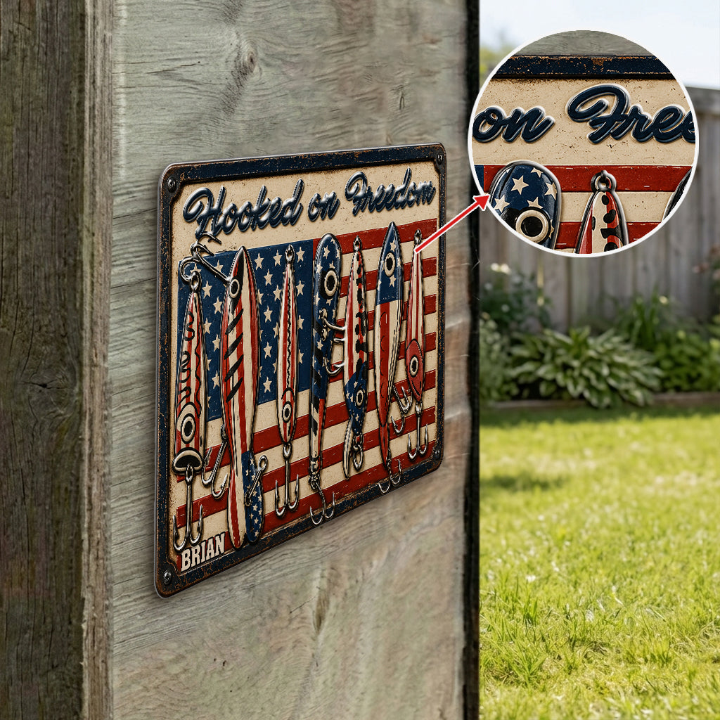 Patriotic Fishing Rod USA Flag - Personalized Fishing 3D Printed Cut Metal Sign
