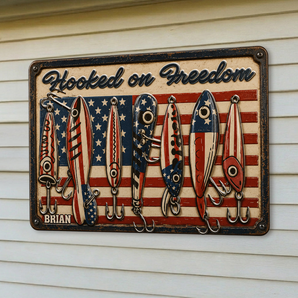 Patriotic Fishing Rod USA Flag - Personalized Fishing 3D Printed Cut Metal Sign