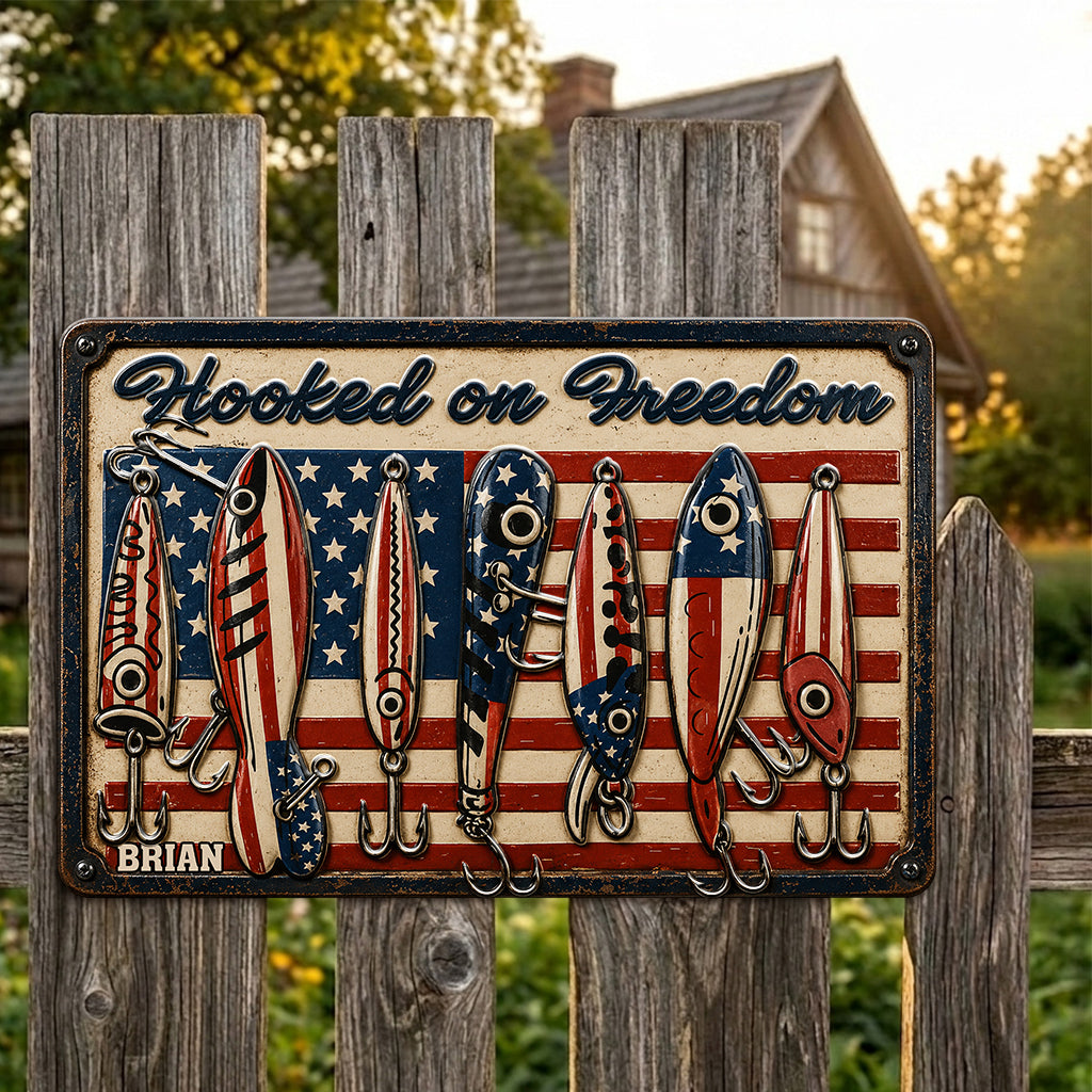 Patriotic Fishing Rod USA Flag - Personalized Fishing 3D Printed Cut Metal Sign