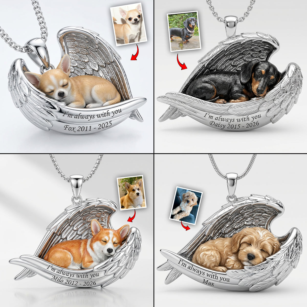 Angel Wings - Personalized Dog Shaped Metal Pendant Necklace