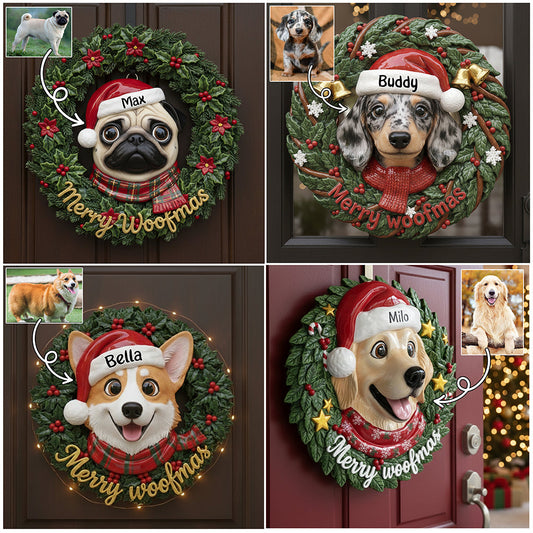 Merry Woofmas Lovely Dog Pet Lovers Wreath - Personalized Dog Custom Shaped Wood Sign