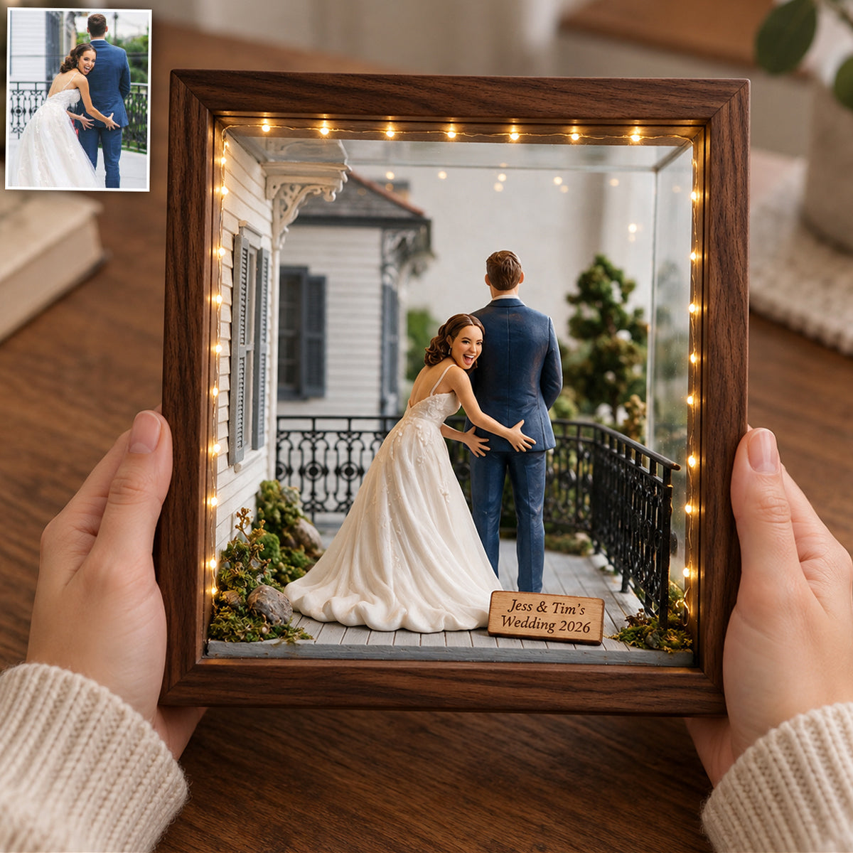 Miniature Style Gift, Custom From Any Photo - Personalized Family Wooden Frame LED Light