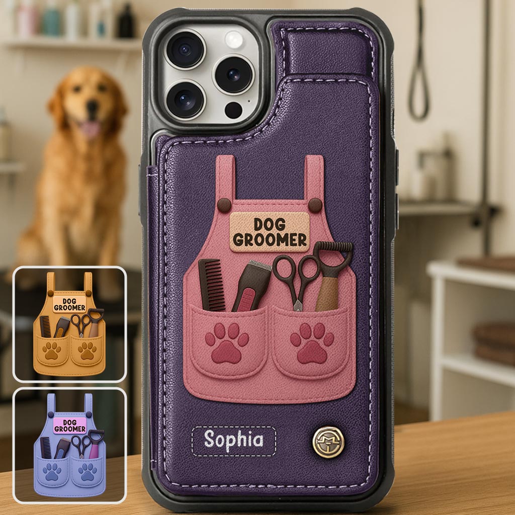 Dog Groomer Gift With Grooming Tools And Paw Prints - Personalized Dog Groomer Wallet Phone Case
