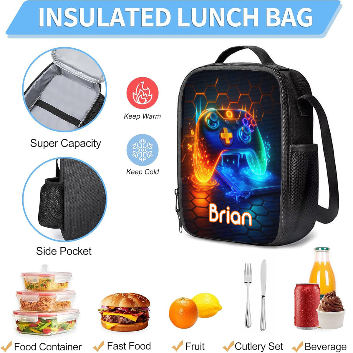 Gaming Handle - Boys' Large Capacity School Bag Set of Three - Personalized Kid Backpack Lunch Bag Pencil Case Set