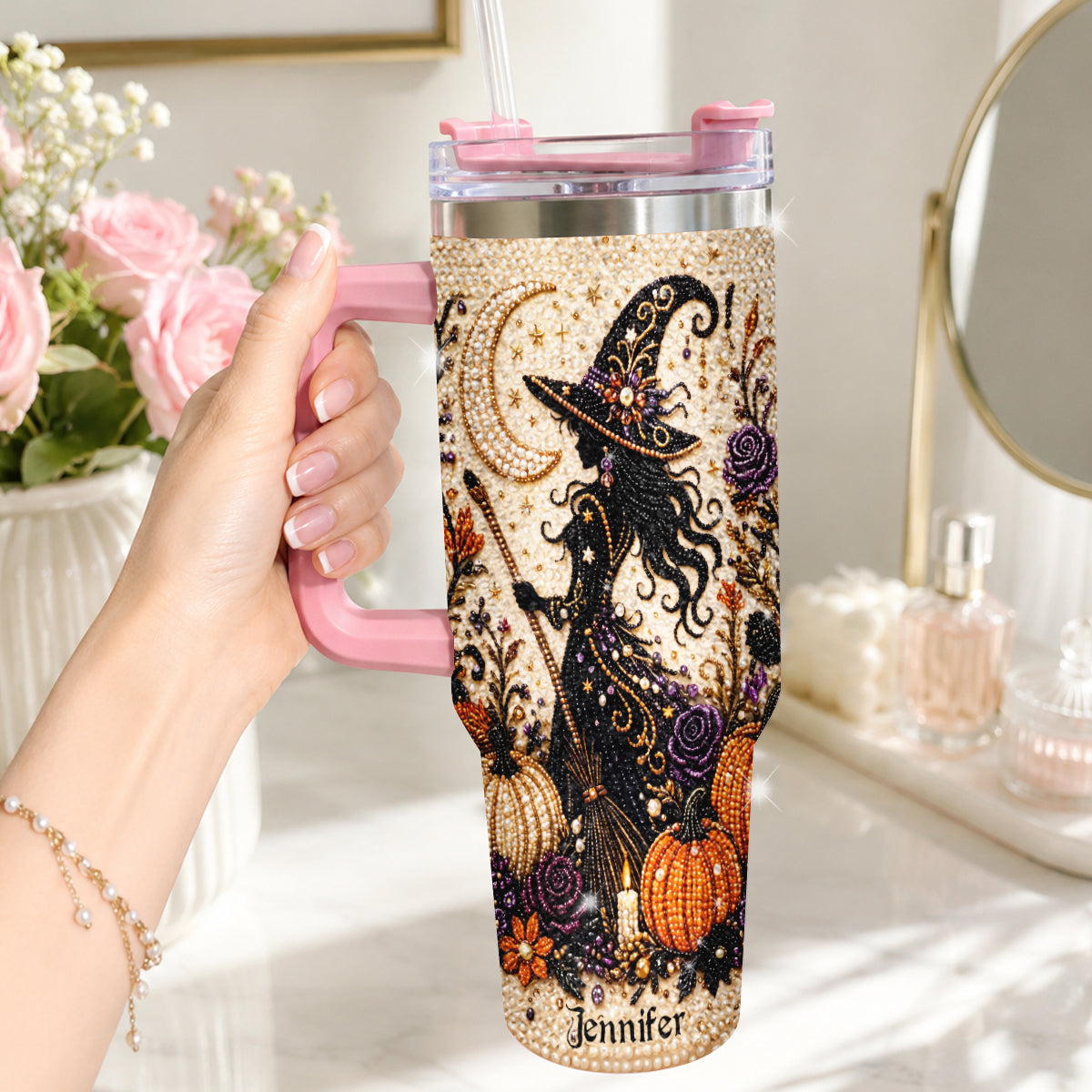 Diamond Witch - Personalized Witch Rhinestone Tumbler With Handle
