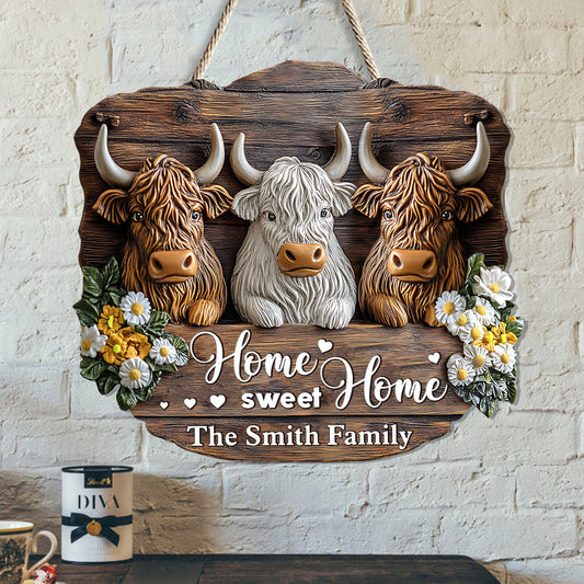 Home Sweet Home - Personalized Highland Cow Custom Shaped Wood Sign