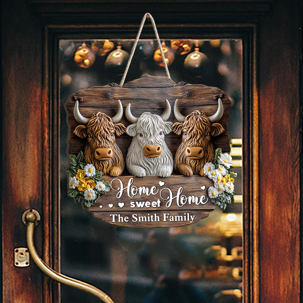 Home Sweet Home - Personalized Highland Cow Custom Shaped Wood Sign