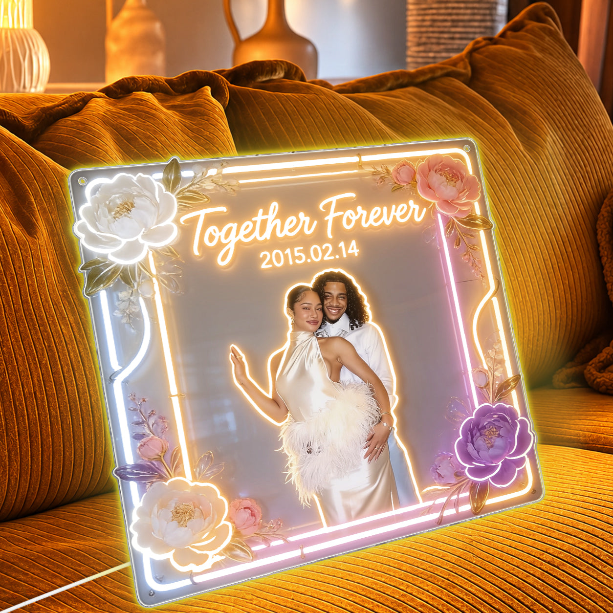 Floral Love Anniversary - Personalized Couple Neon LED Light Sign