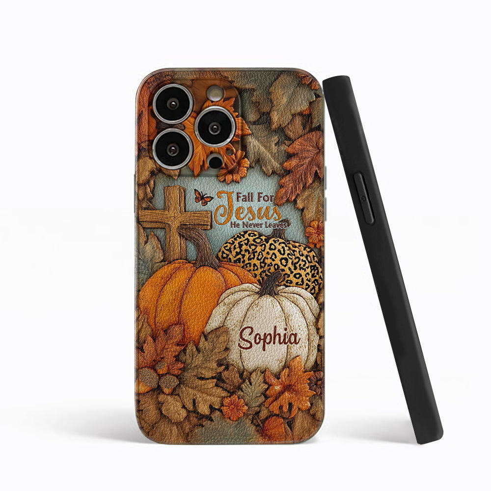 Fall for Jesus, He Never Leaves - Personalized Christian Leather Phone Case