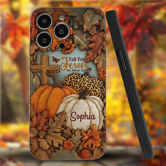 Fall for Jesus, He Never Leaves - Personalized Christian Leather Phone Case
