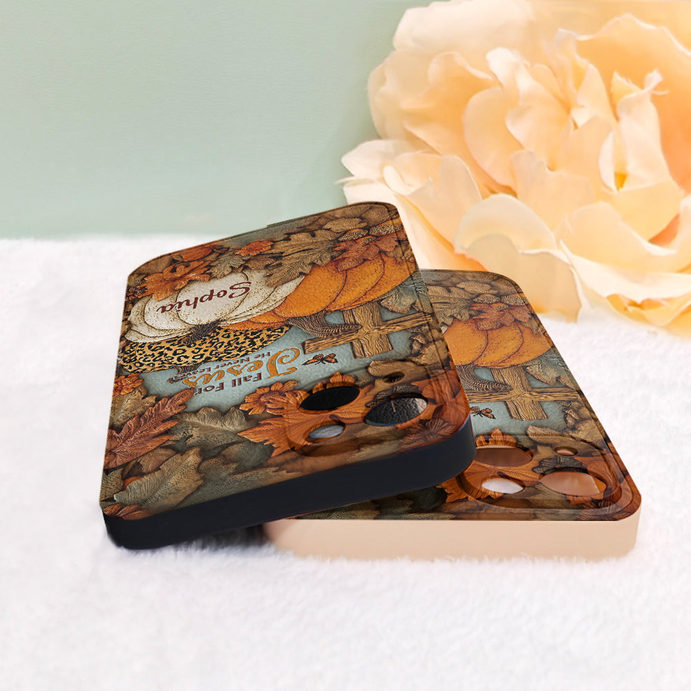 Fall for Jesus, He Never Leaves - Personalized Christian Leather Phone Case