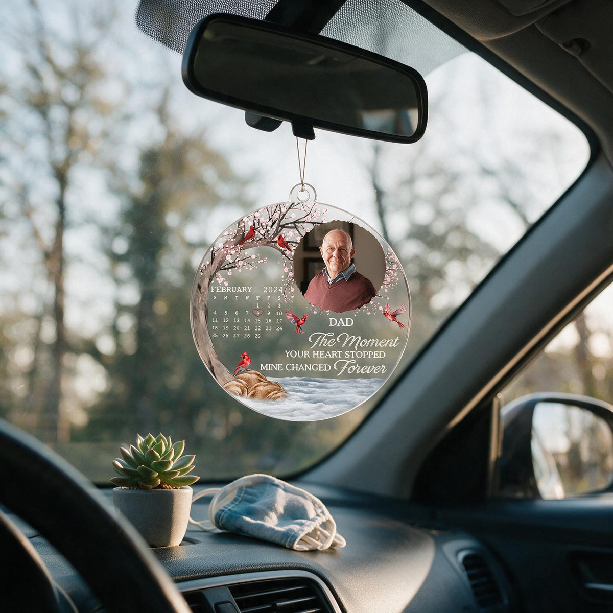 Personalized Dad Memorial Cardinal Car Ornament, Custom Photo Bereavement Gift