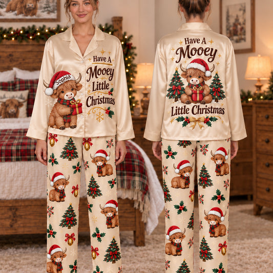 Have A Mooey Little Christmas - Personalized Highland Cow Button Down Pajamas