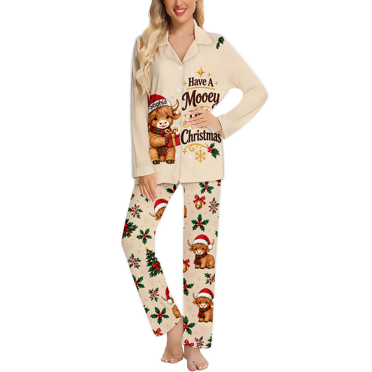 Have A Mooey Little Christmas - Personalized Highland Cow Button Down Pajamas