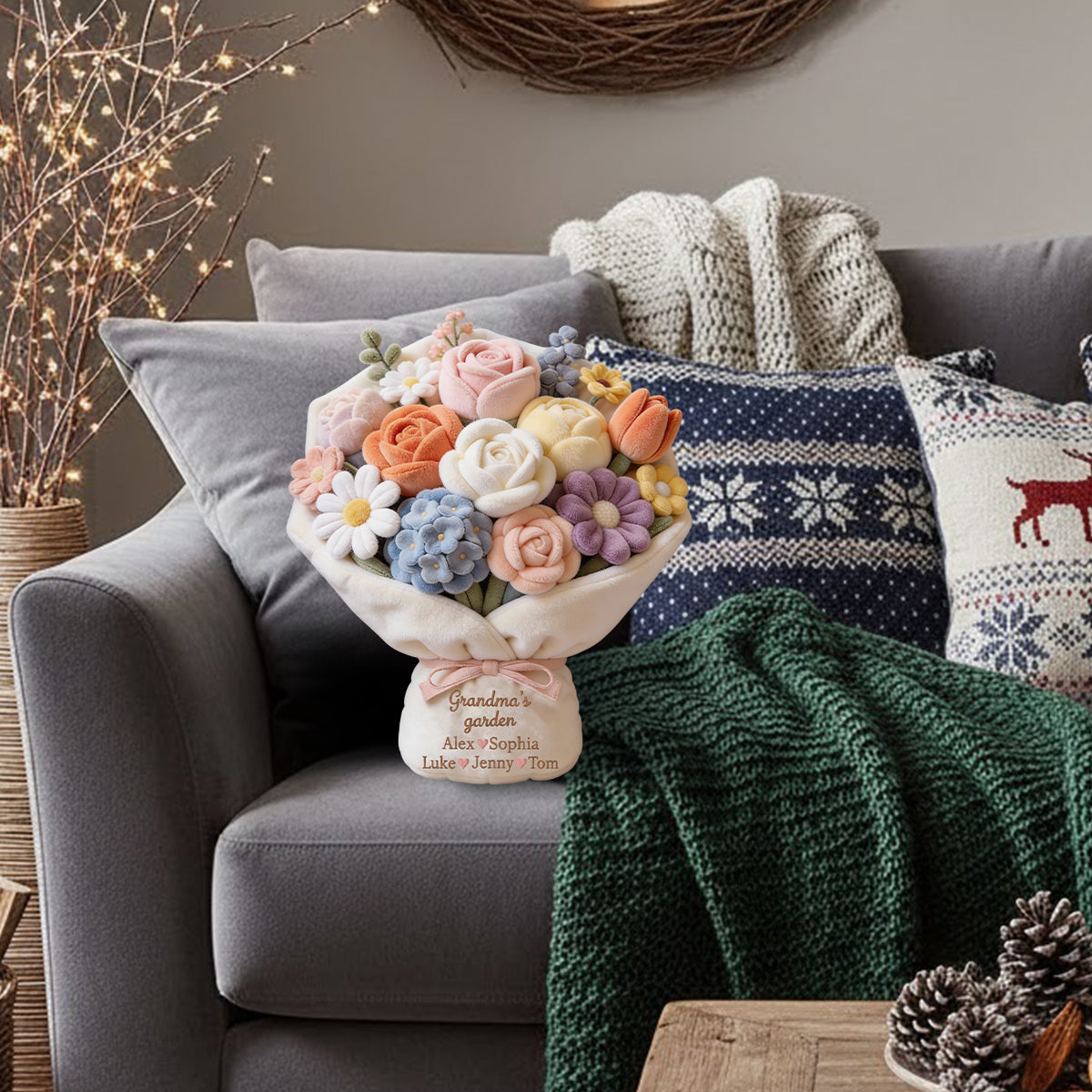 Grandma's Garden Lovely Flowers Red Rose Bouquet - Personalized Grandma Faux Fur Shaped Pillow