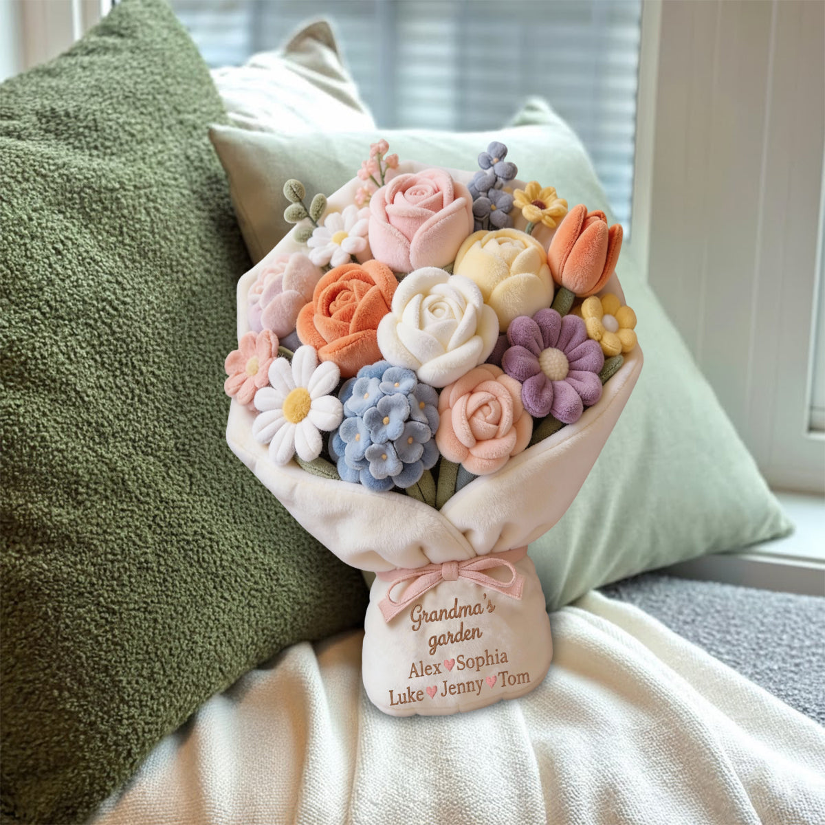 Grandma's Garden Lovely Flowers Red Rose Bouquet - Personalized Grandma Faux Fur Shaped Pillow