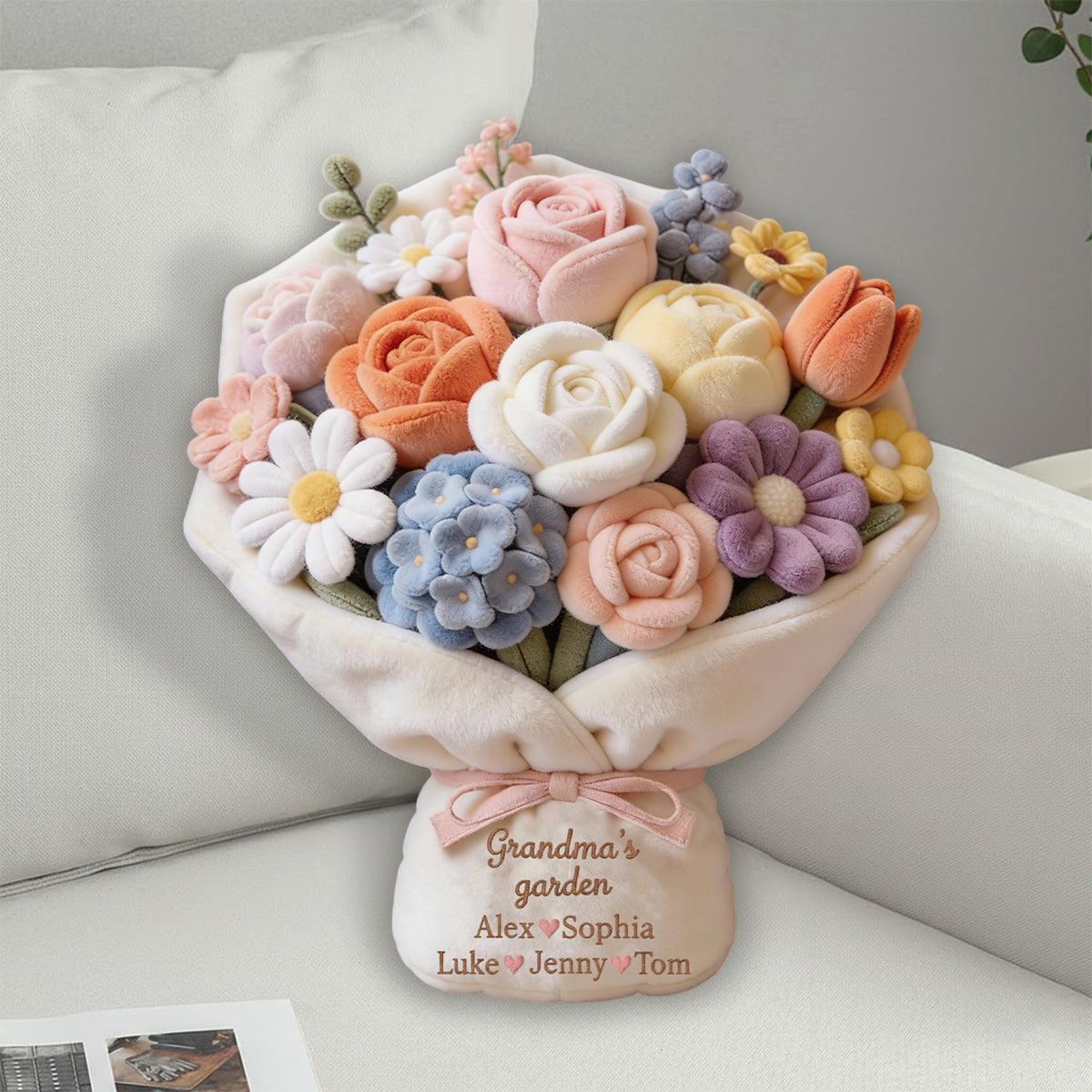 Grandma's Garden Lovely Flowers Red Rose Bouquet - Personalized Grandma Faux Fur Shaped Pillow