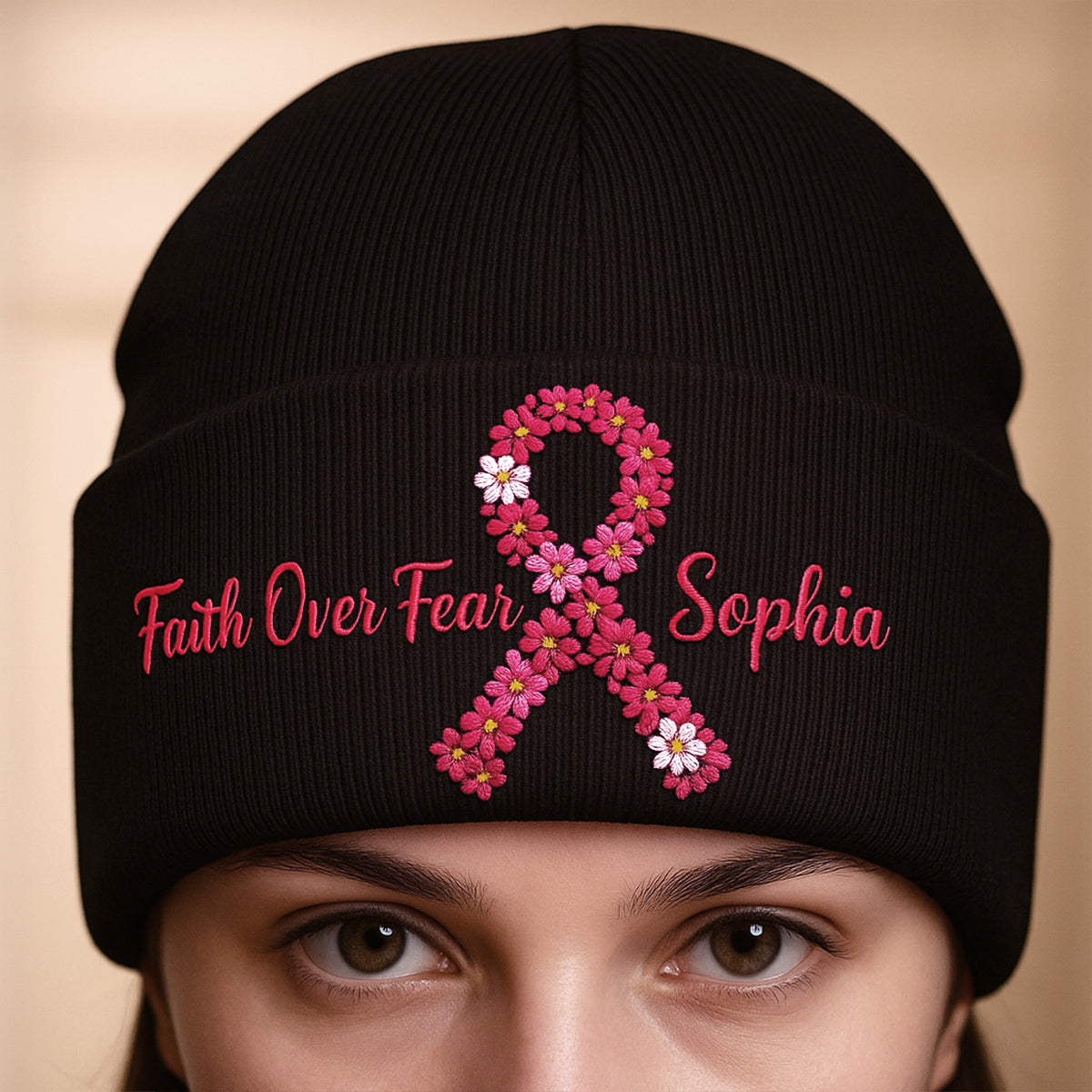 Breast Cancer Awareness Embroidered Beanie - Personalized Breast Cancer Awareness Embroidered Beanie