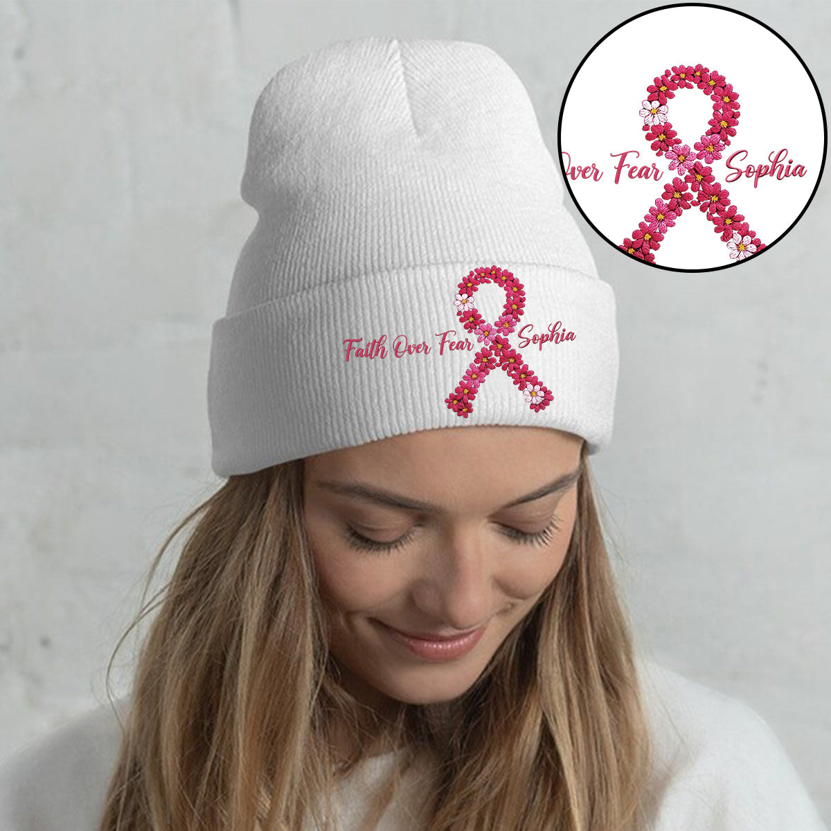 Breast Cancer Awareness Embroidered Beanie - Personalized Breast Cancer Awareness Embroidered Beanie