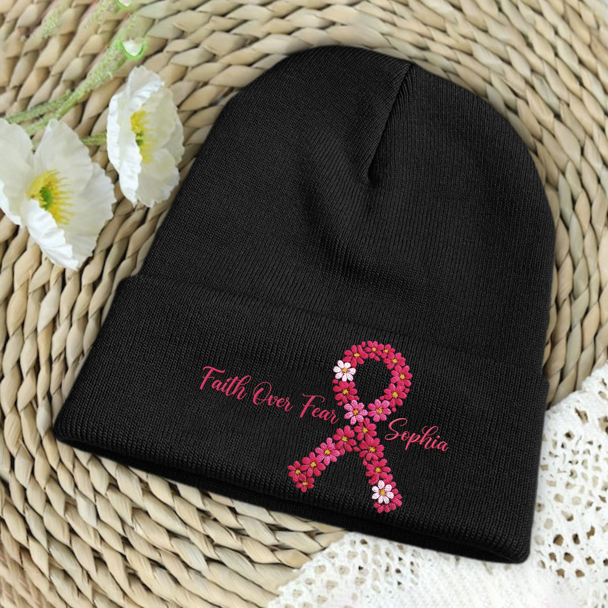 Breast Cancer Awareness Embroidered Beanie - Personalized Breast Cancer Awareness Embroidered Beanie