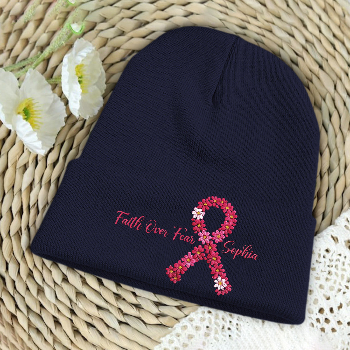 Breast Cancer Awareness Embroidered Beanie - Personalized Breast Cancer Awareness Embroidered Beanie