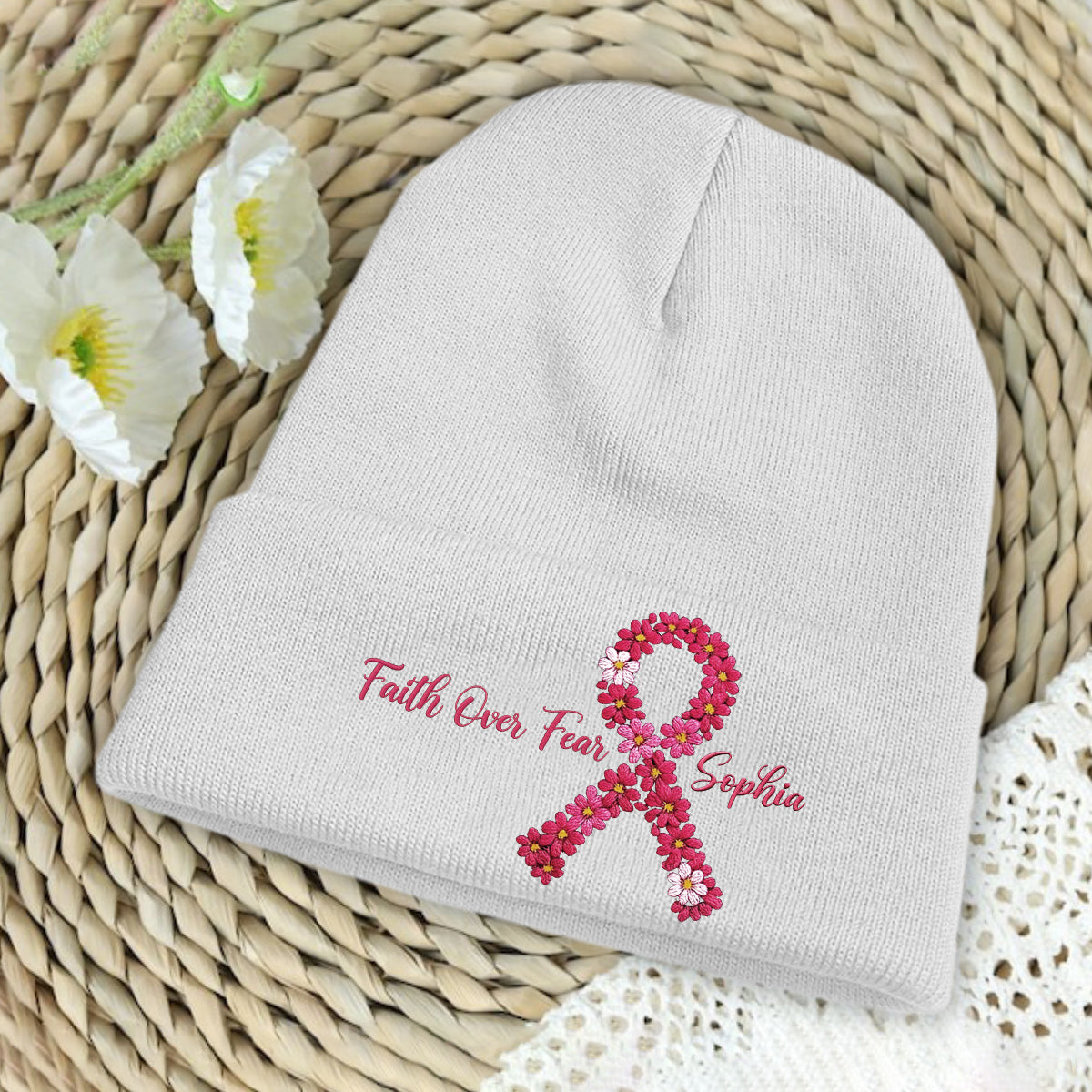Breast Cancer Awareness Embroidered Beanie - Personalized Breast Cancer Awareness Embroidered Beanie