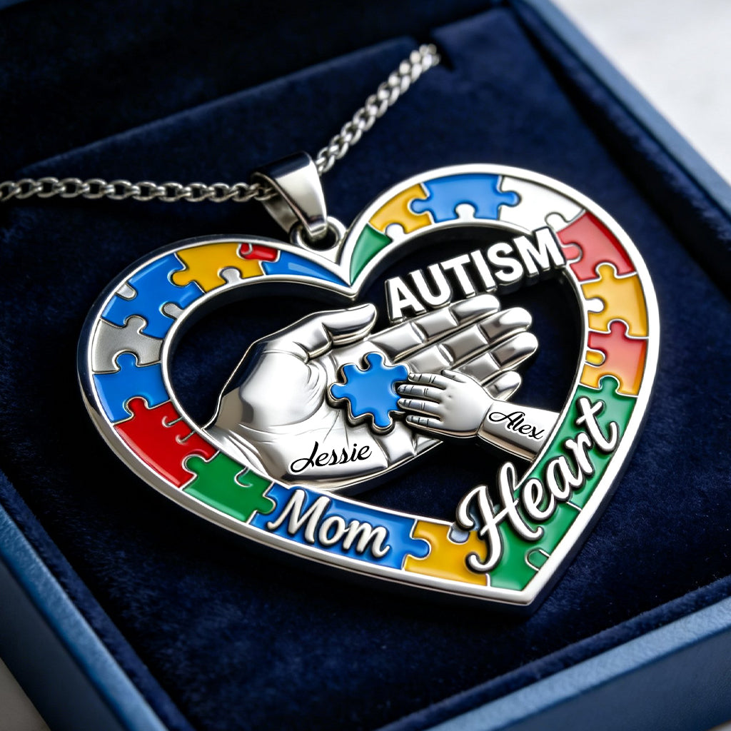 Autism Mom Heart - Personalized Autism Awareness Shaped Metal Pendant Necklace