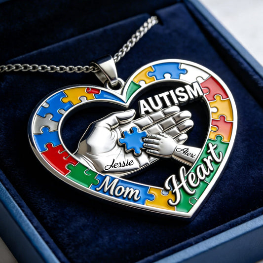 Autism Mom Heart - Personalized Autism Awareness Shaped Metal Pendant Necklace