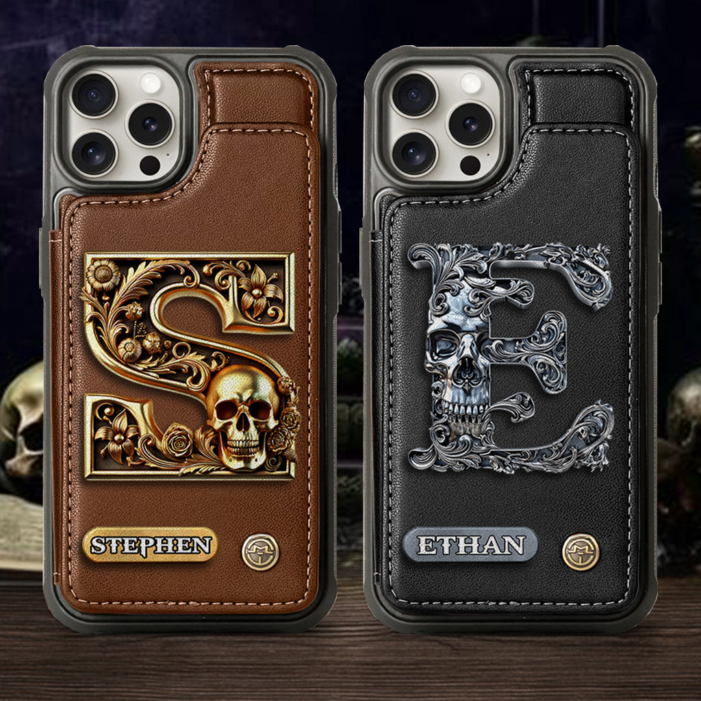 Skull Name Initial Letter - Personalized Skull Wallet Phone Case