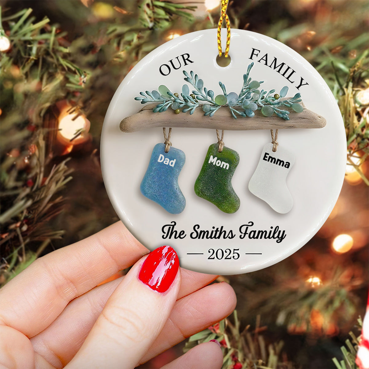 Our Family, Merry Christmas 2025 - Personalized Family Ceramic Circle Ornament