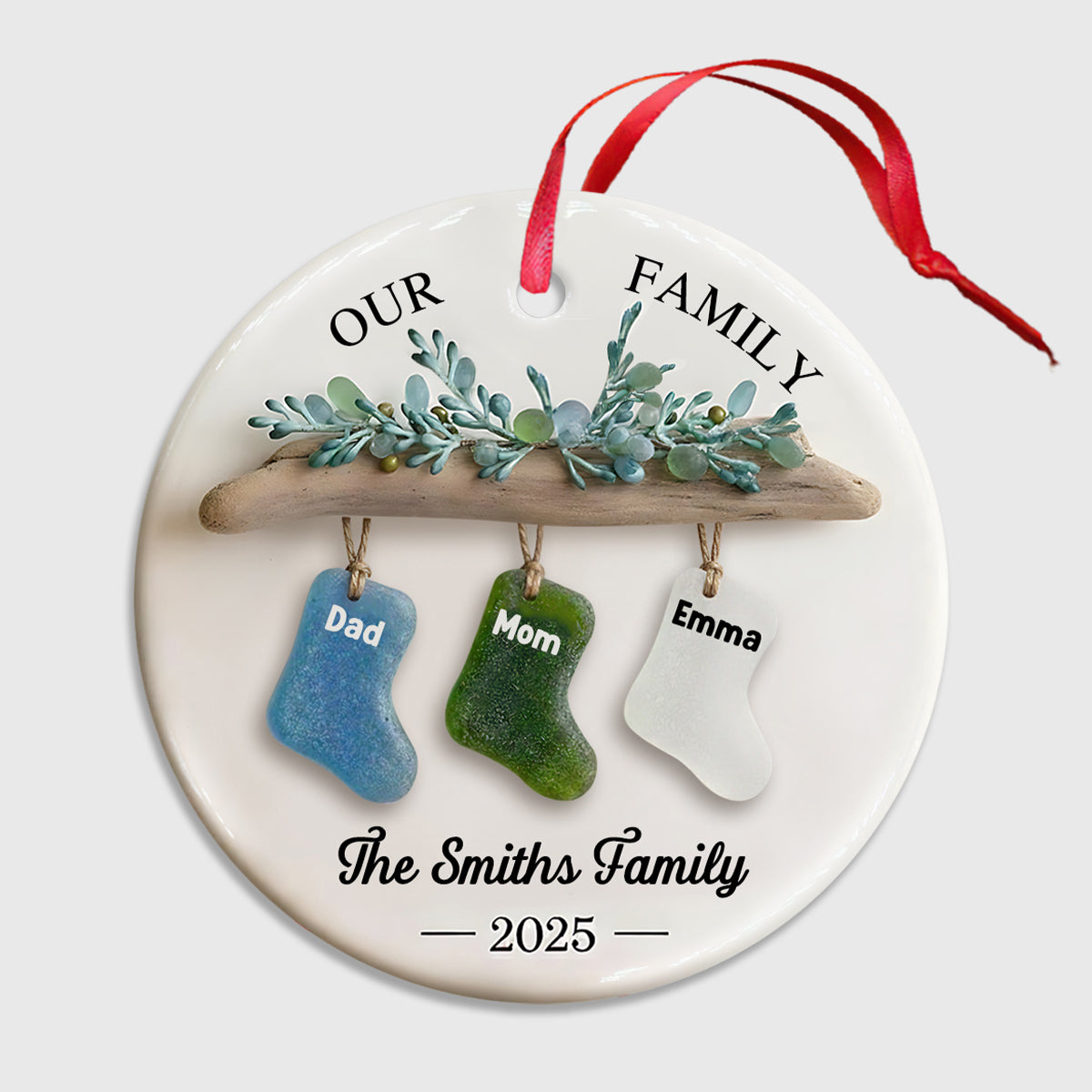 Our Family, Merry Christmas 2025 - Personalized Family Ceramic Circle Ornament