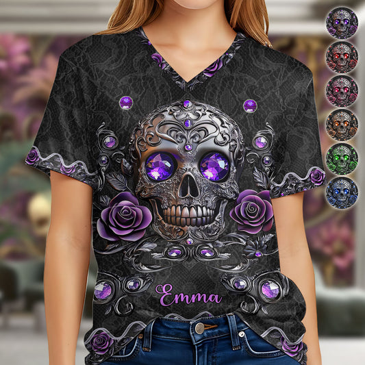 Beautiful Skull And Roses - Personalized Skull Fully Printed V-Neck T-Shirt