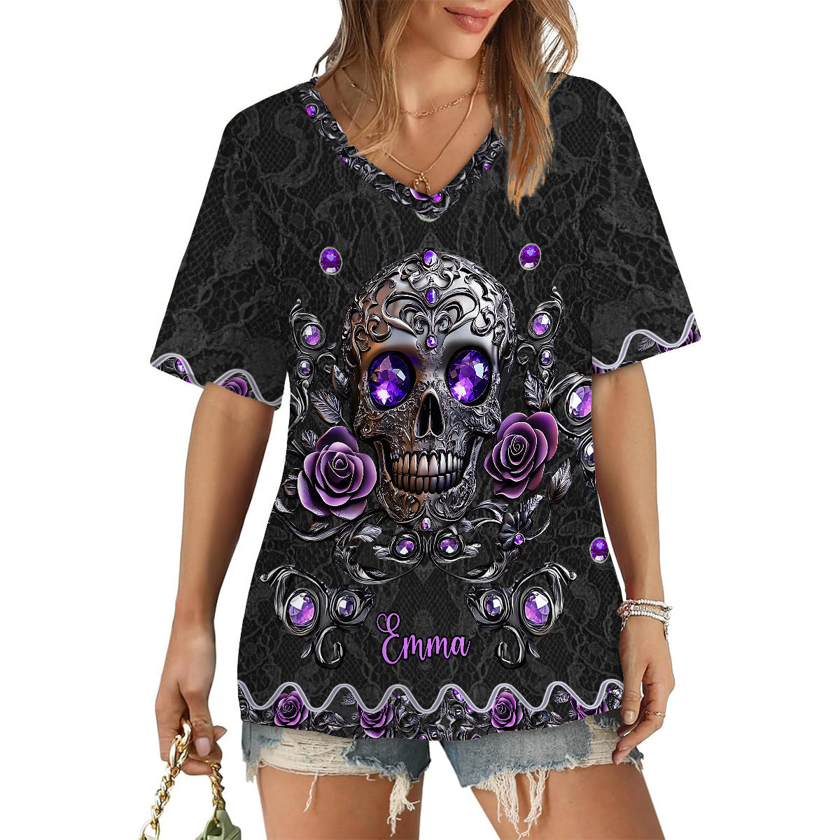 Beautiful Skull And Roses - Personalized Skull Fully Printed V-Neck T-Shirt