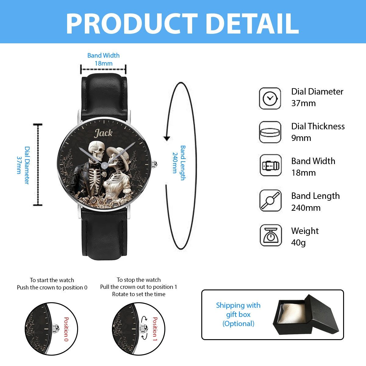 Couple Skull Watch Set With Case - Personalized Couple Hand Watch