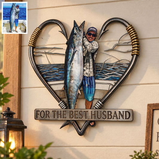 Fishing Hook Heart Frame Wall Art - Personalized Fishing 3D Printed Cut Metal Sign