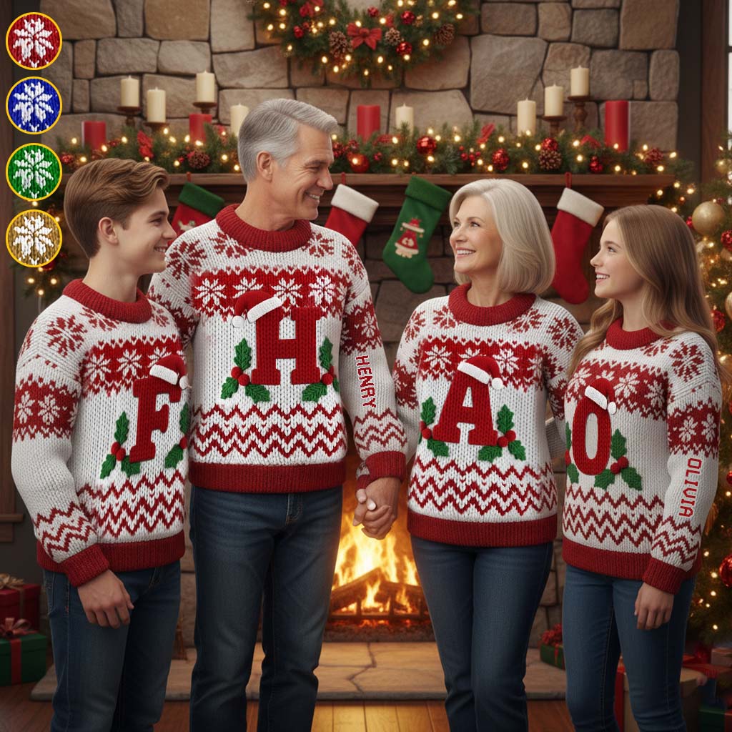 Merry Christmas Initial Letter - Personalized Family Ugly Sweater