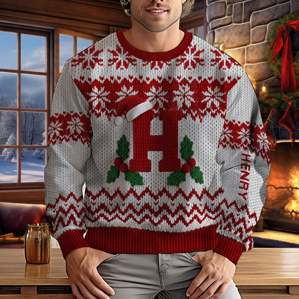 Merry Christmas Initial Letter - Personalized Family Ugly Sweater