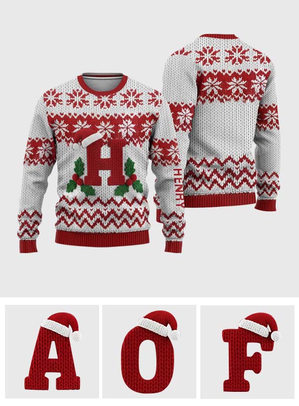Merry Christmas Initial Letter - Personalized Family Ugly Sweater
