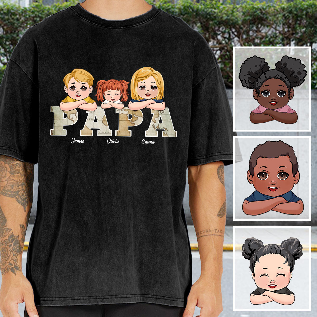 Vintage Map Papa Title - Personalized Father Wash T-shirt