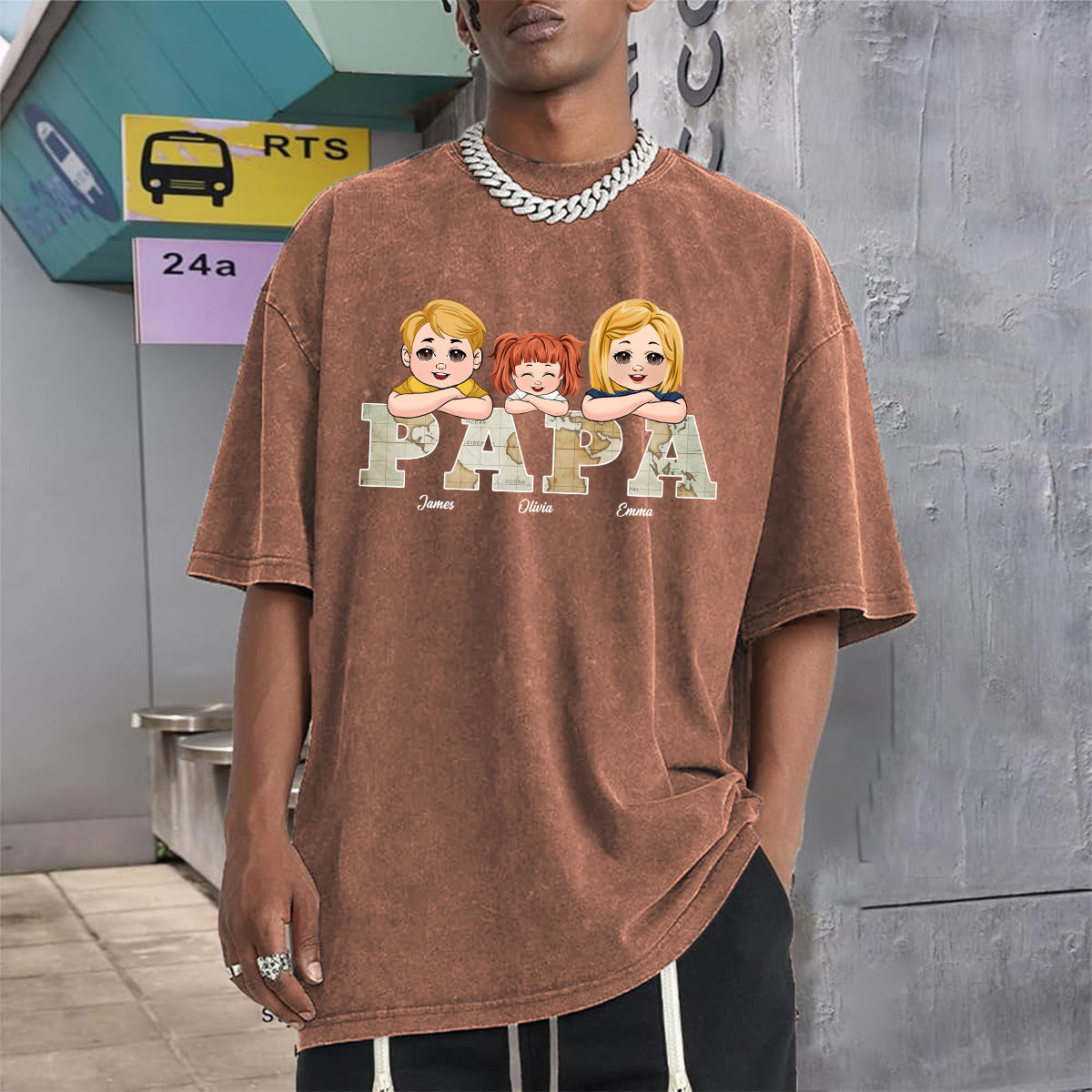 Vintage Map Papa Title - Personalized Father Wash T-shirt