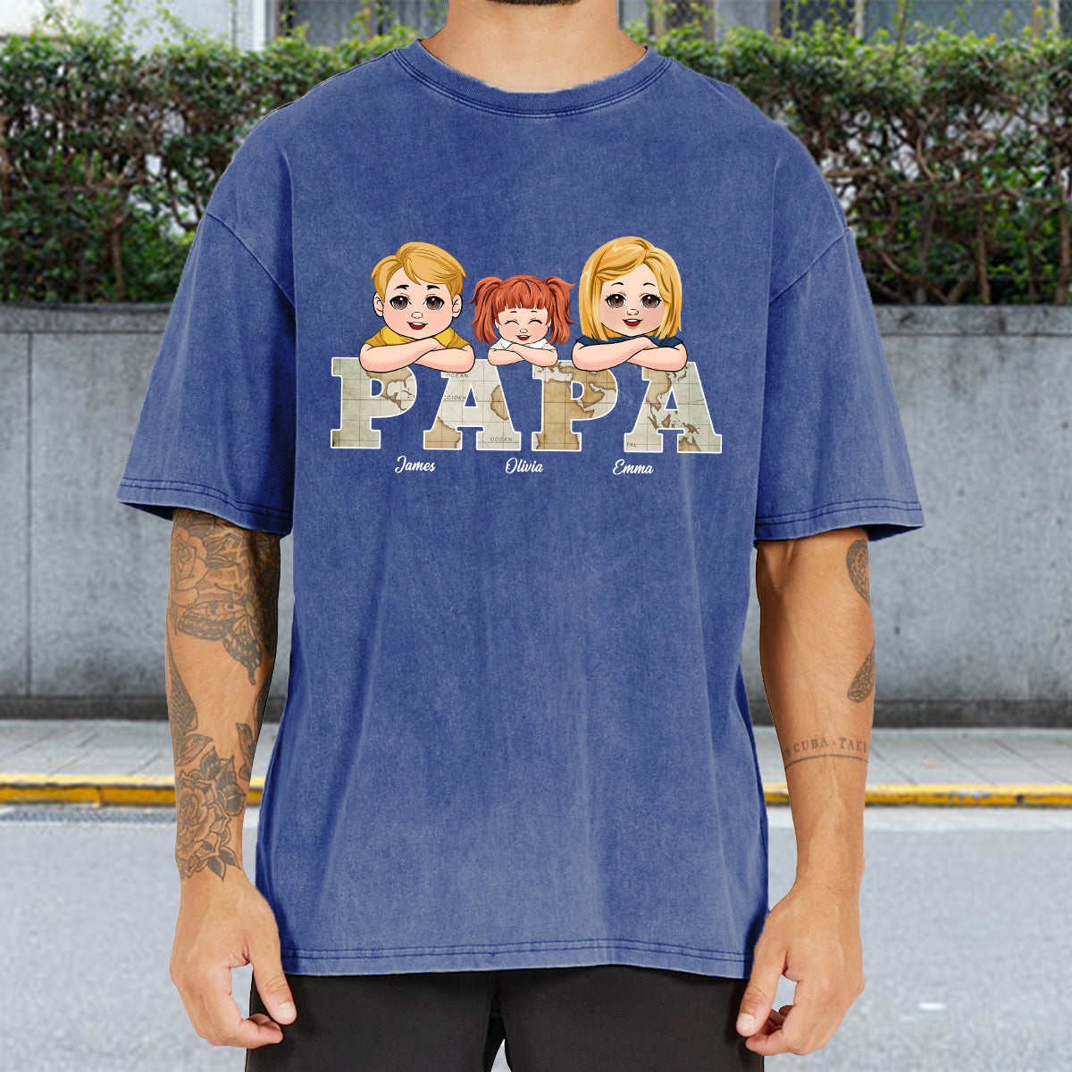 Vintage Map Papa Title - Personalized Father Wash T-shirt