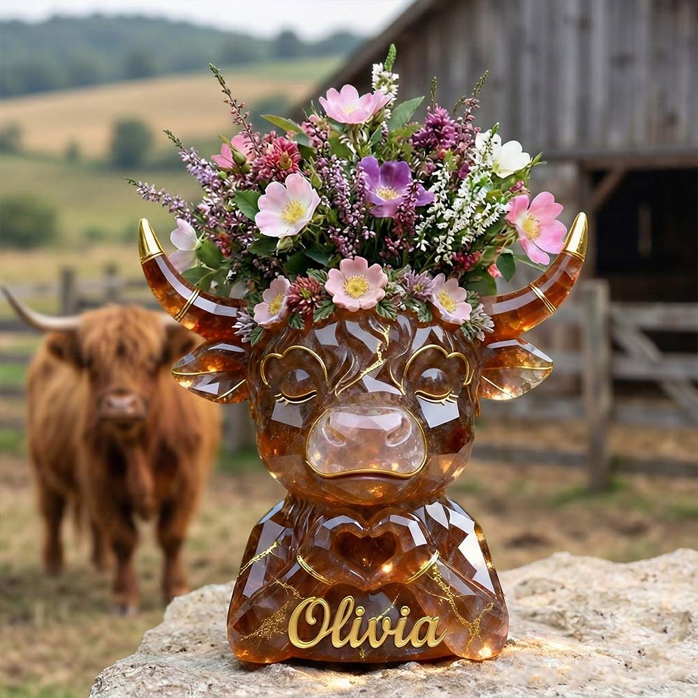 Heart Hands Highland Cow - Personalized Highland Cow Custom Shape Acrylic Flower Vase