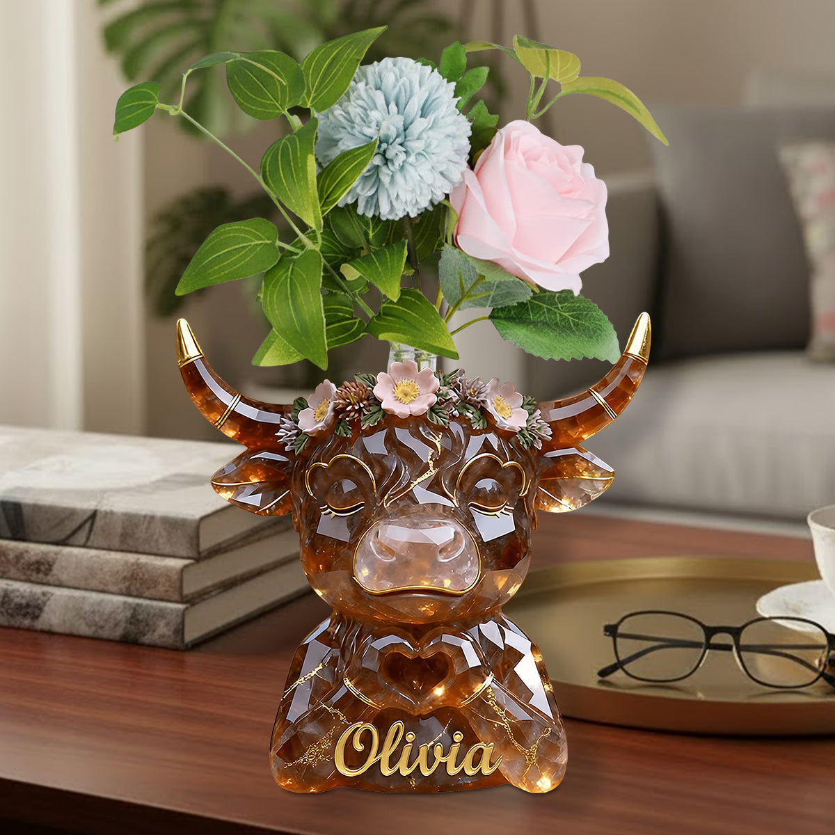 Heart Hands Highland Cow - Personalized Highland Cow Custom Shape Acrylic Flower Vase