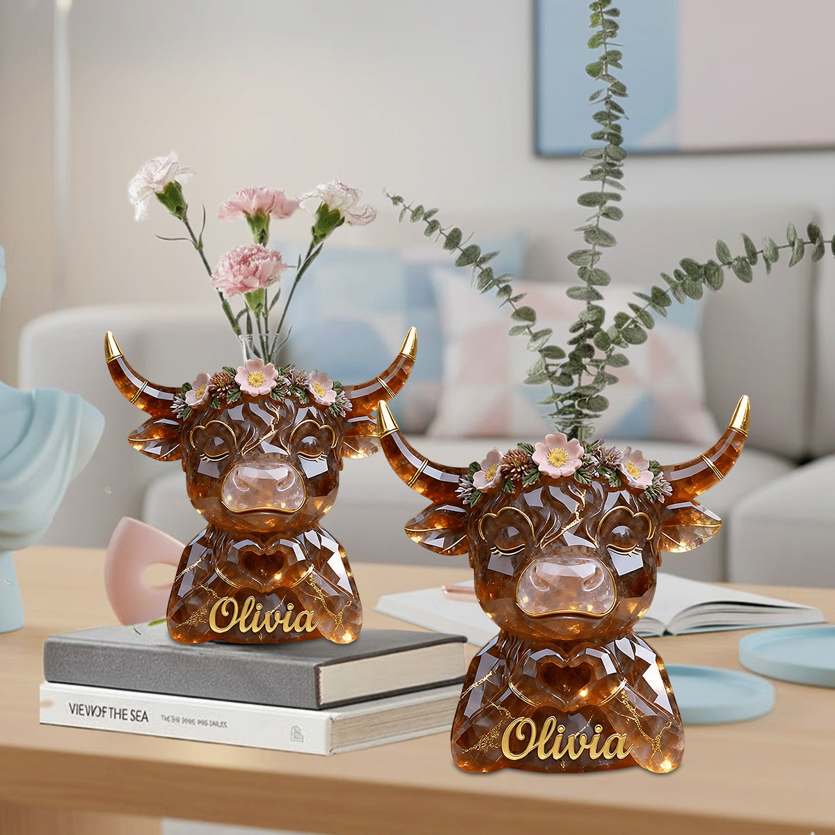 Heart Hands Highland Cow - Personalized Highland Cow Custom Shape Acrylic Flower Vase