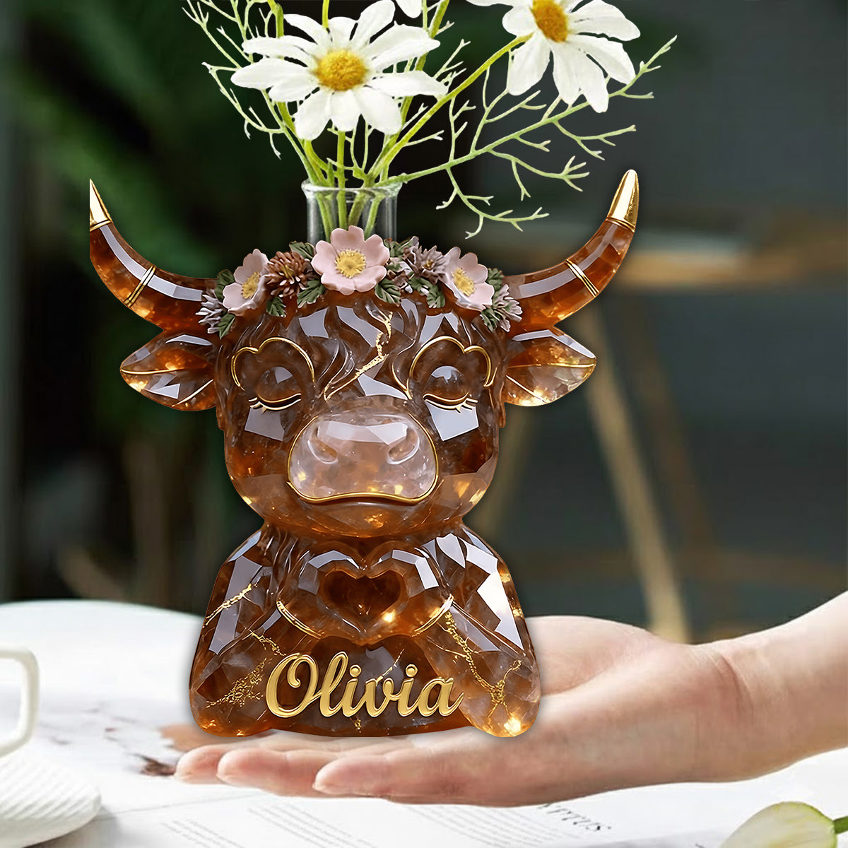 Heart Hands Highland Cow - Personalized Highland Cow Custom Shape Acrylic Flower Vase