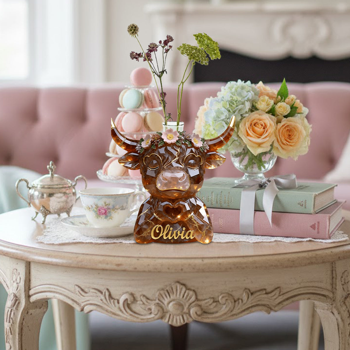 Heart Hands Highland Cow - Personalized Highland Cow Custom Shape Acrylic Flower Vase