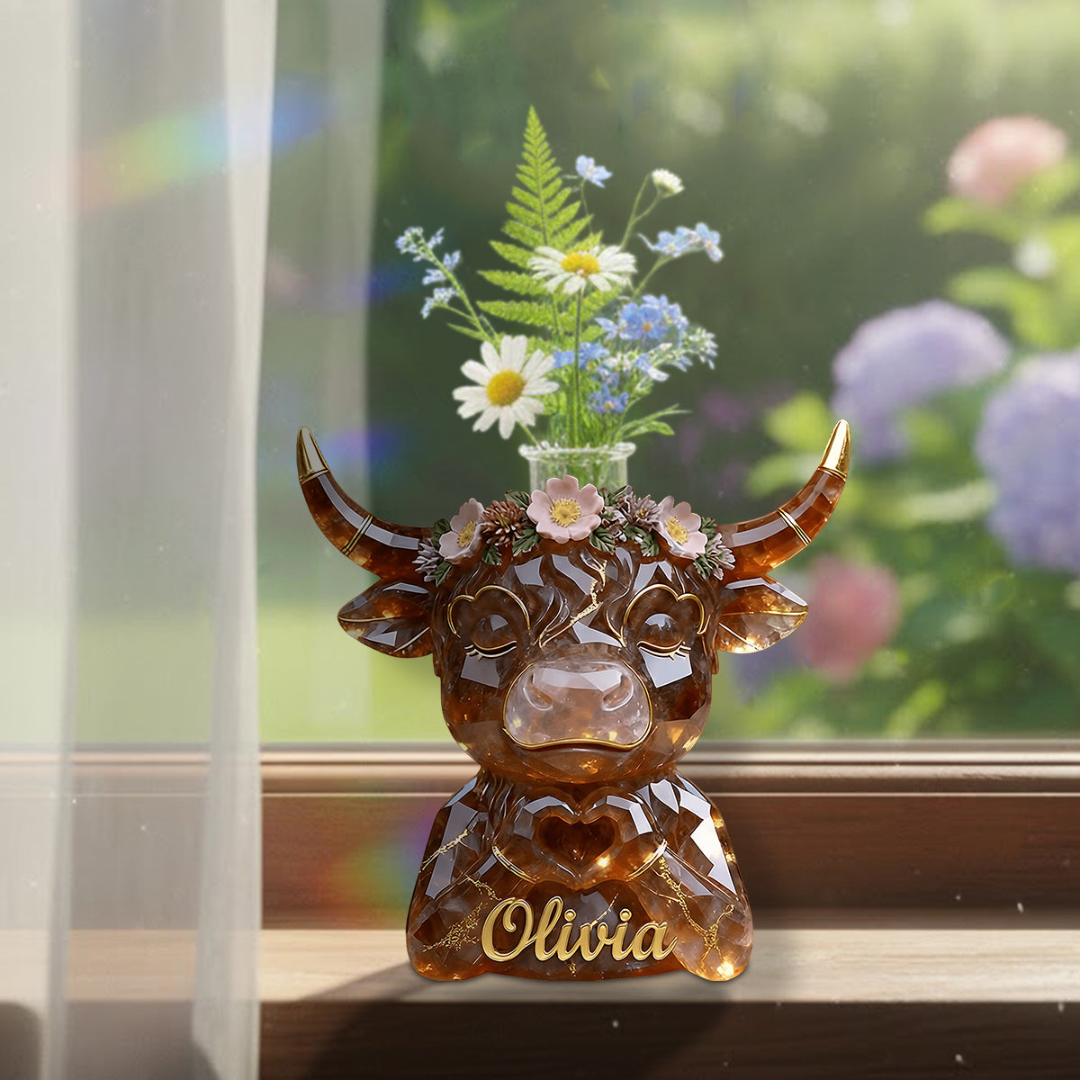 Heart Hands Highland Cow - Personalized Highland Cow Custom Shape Acrylic Flower Vase