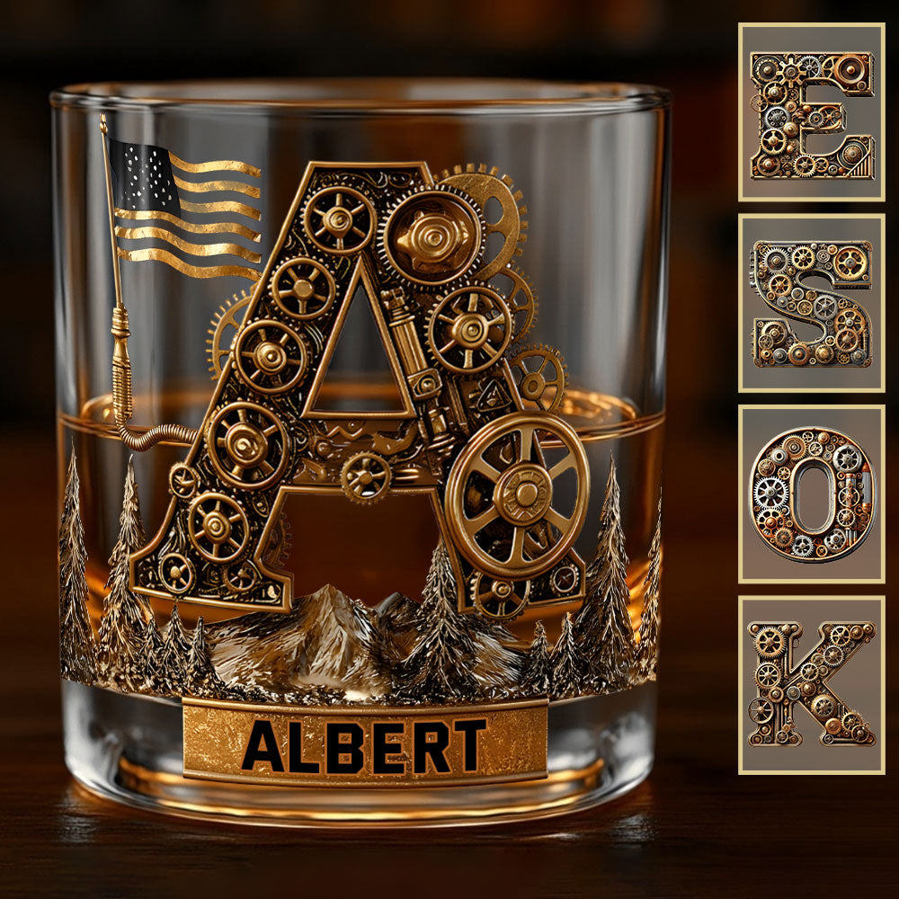 Initial Steampunk Style, Gift For Him - Personalized Mechanic Whiskey Glass