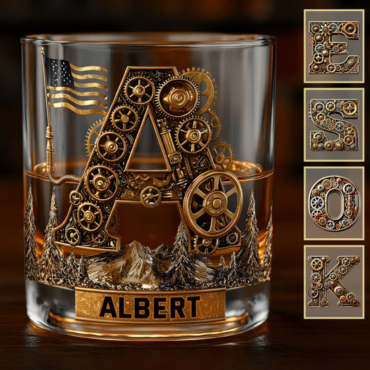 Initial Steampunk Style, Gift For Him - Personalized Mechanic Whiskey Glass